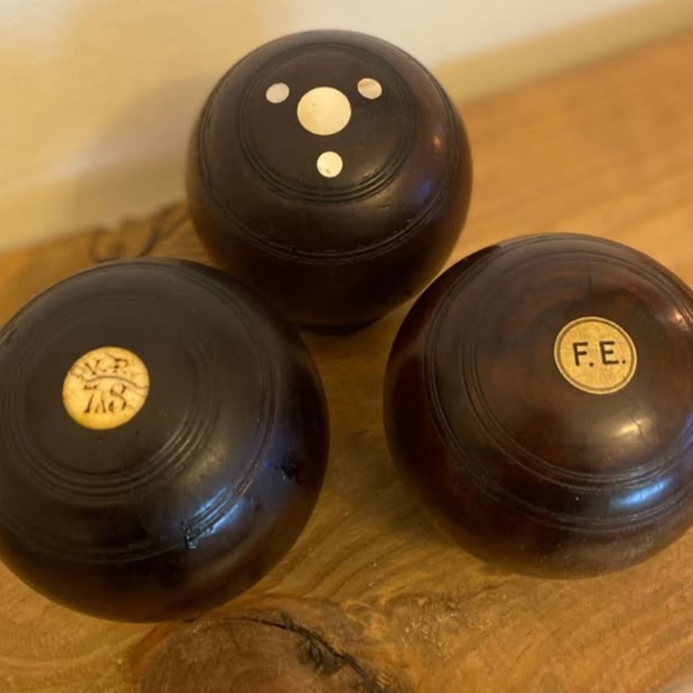 Vintage English "Lignum Vitae" Wood Lawn Bowling Balls with Display Stands